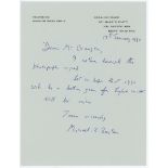 Michael Richard Barton. Oxford University & Surrey 1935-1954. Single page handwritten letter dated