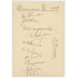 Glamorgan 1938. Album page signed in pencil by eleven members of the Leicestershire team. Signatures