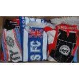 Football shirts and scarves. Box comprising a good quantity and selection of replica football shirts