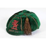 Wales 1932-33. An emerald green Wales international cap presented for matches played against the