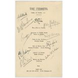 'The Ferrets' 1931. Official single page card menu for the dinner held at Pimms Ltd, The Old Red