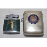 Golf. Electro-plated metal rounded oblong vesta case with raised metal and blue enamel emblem of the