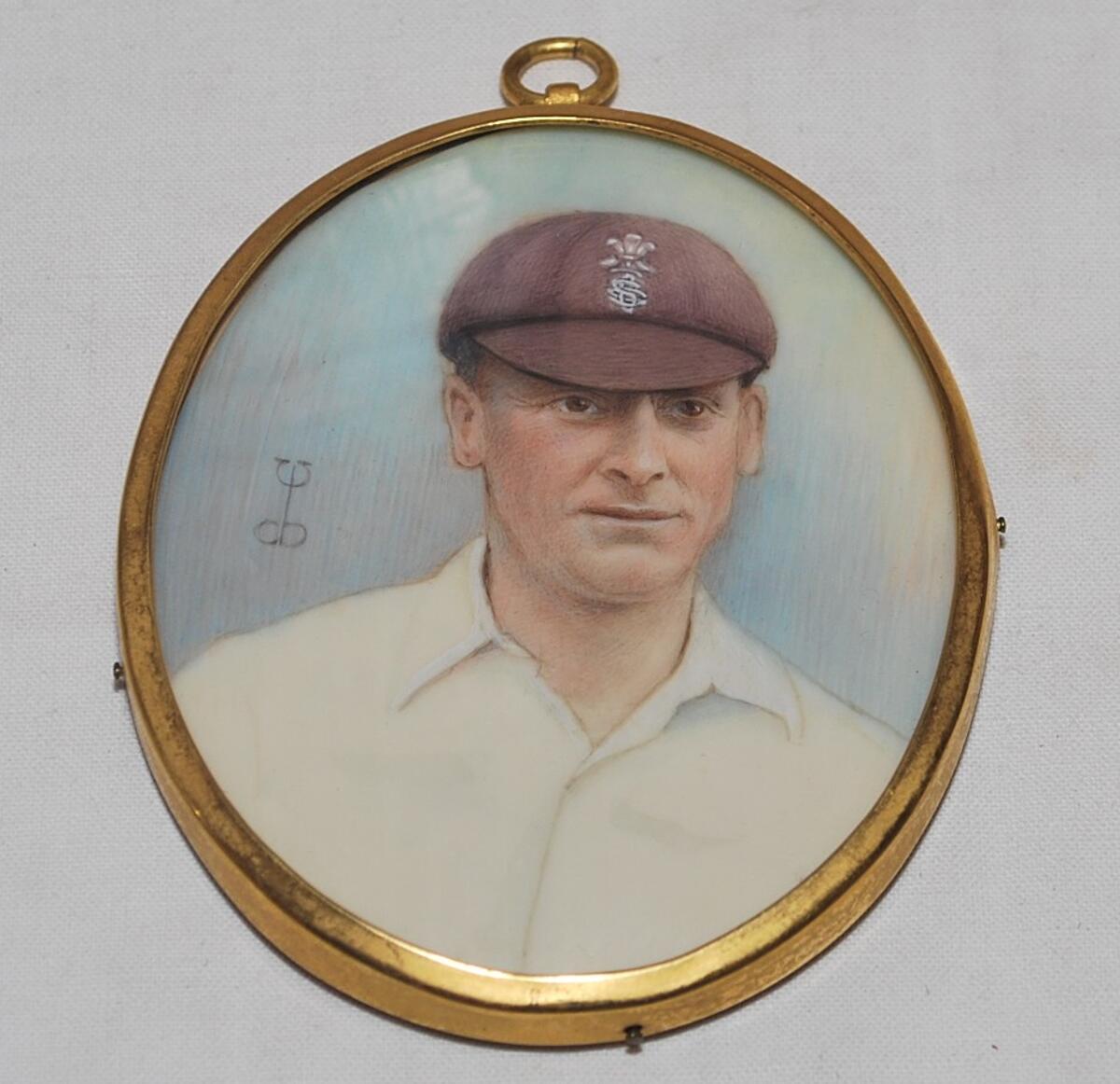Jack Hobbs. Original hand painted miniature oval cameo of Hobbs, head and shoulders wearing Surrey