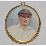 Jack Hobbs. Original hand painted miniature oval cameo of Hobbs, head and shoulders wearing Surrey