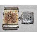 Golf. Two vesta cases, one a decorative small silver metal square vesta case with raised image of