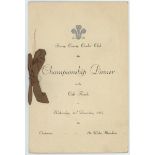 Jack Hobbs. Surrey C.C.C. County Champions 1952. Official menu for the 'Championship Dinner' held at