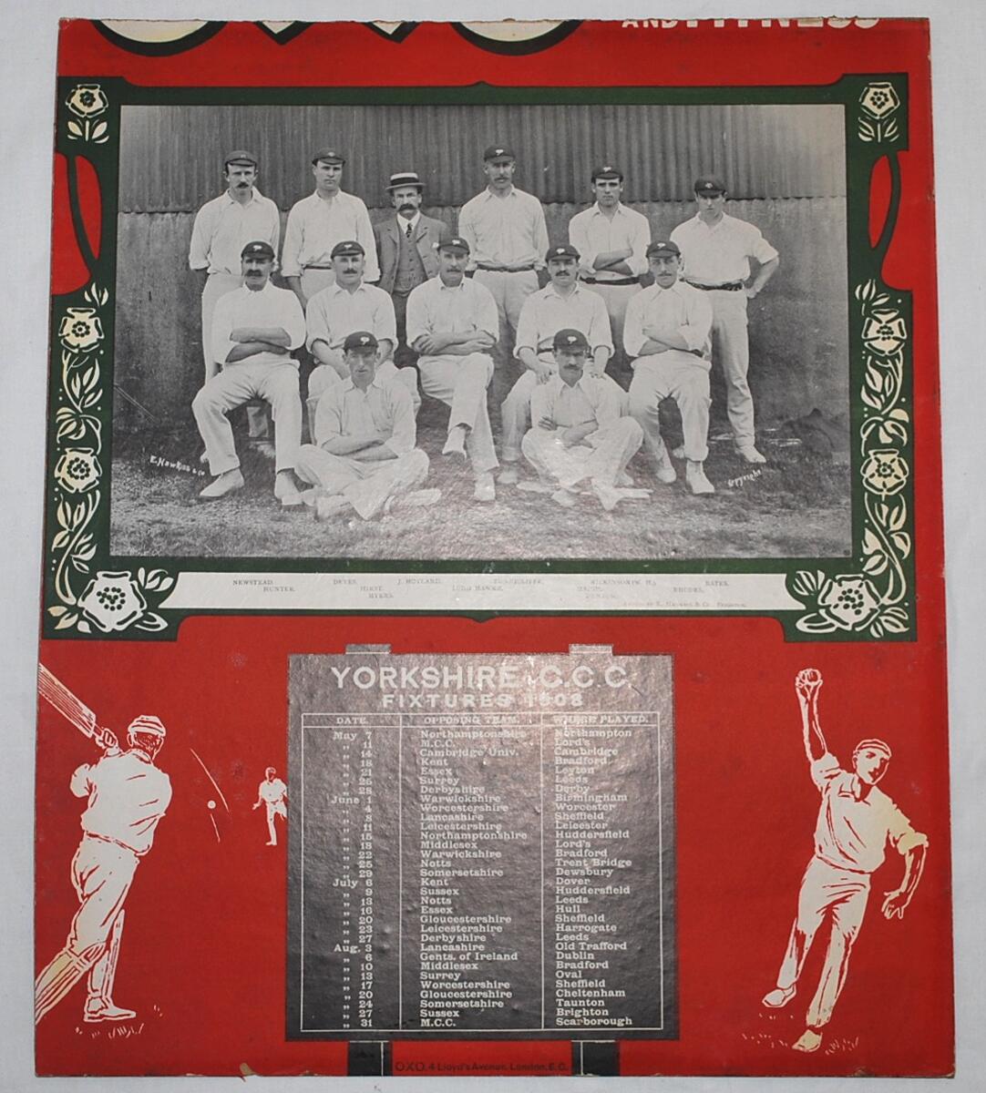 'Yorkshire C.C.C. Fixtures 1908'. Original 'OXO' advertising card with a mono printed photograph