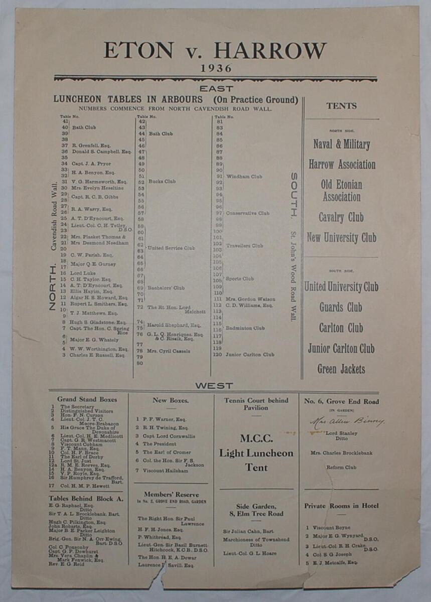 Eton v Harrow 1936. Very large original card with printed details of the arrangements for spectators