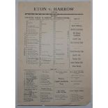 Eton v Harrow 1936. Very large original card with printed details of the arrangements for spectators