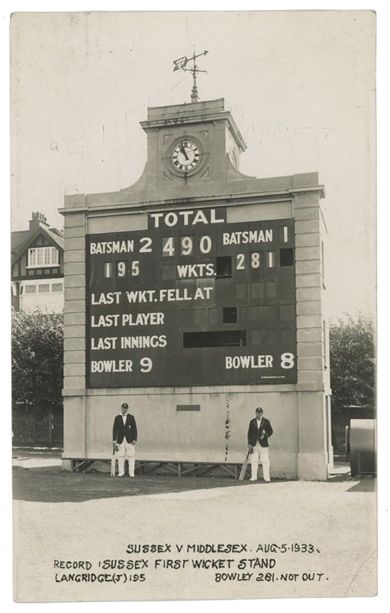 Sussex v Middlesex 1933. Real photograph postcard showing the scoreboard at Hove following the