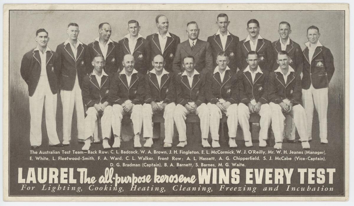 Australia tour of England 1938. 'Laurel. The All-purpose Kerosene Wins Every Test. For lighting,