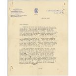 Pelham Francis Warner. Oxford University, Middlesex & England 1894-1920. Two page typed letter on