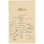 M.C.C. tour of India & Ceylon 1933/34. Official single sided card menu for a Dinner held for the