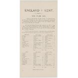 'England v Kent. The Pilch Cup'. Commemorative scorecard printed at Lord's recording Fuller Pilch'