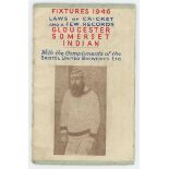 Indian tour of England 1946. 'Bristol United Breweries' Fixture card for 1946 listing the fixtures