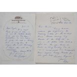 Alec Bedser. England Test Selector 1979. Two handwritten letters from Bedser, one on Surrey C.C.C.