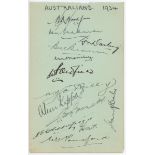 Australia tour to England 1934. Album page nicely signed in ink by thirteen members of the 1934