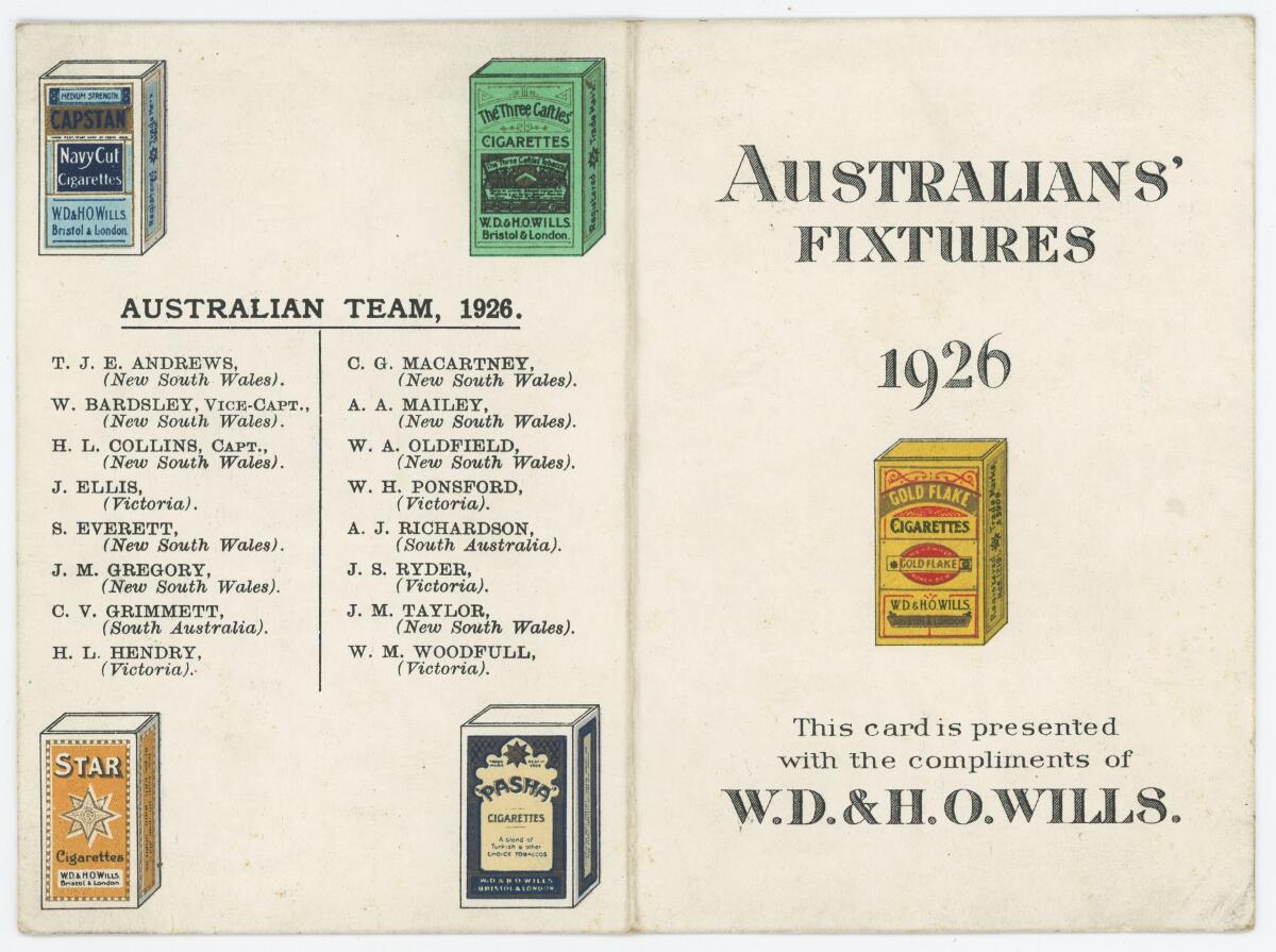 'Australian's Fixtures 1926'. Small folding card fixture list issued by W.D. & H. Wills in 1926