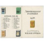 'Australian's Fixtures 1926'. Small folding card fixture list issued by W.D. & H. Wills in 1926