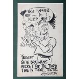 M.C.C. Tour of Australia 1946/47. Large amusing original pen and ink caricature/ cartoon artwork, by