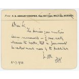 F.S. Ashley-Cooper. Cricket writer. Handwritten card in ink from Ashley-Cooper regarding the