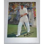 Don Bradman. A colour print taken from the original of Bradman walking out to bat, boldly signed