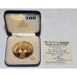 M.C.C. Test Cricket medallion. England v Australia 1877-1977. Sterling silver gilt medallion