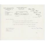 David Charles Humphrey Townsend. Oxford University & England 1933-1948. Single page typed letter