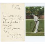 John Thomas 'Johnny' Tyldesley. Lancashire & England 1895-1923. Single page letter handwritten in