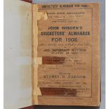 Wisden Cricketers' Almanack 1908. 45th edition. Bound in light brown boards, with original paper