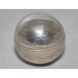 Presentation cricket ball. Attractive silver cricket ball with engraved inscription 'Presented to