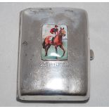 Horse racing. Attractive silver cigarette case with applied raised oblong enamel image of a horse