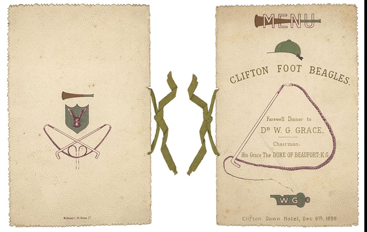 'Farewell Dinner to Dr W.G. Grace 1898'. Original menu card for the Dinner, given by the Clifton