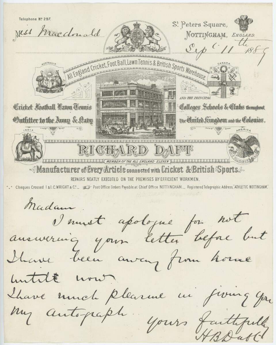 Harry Butler Daft. Nottinghamshire 1885-1899. Single page letter handwritten in ink on the ornate