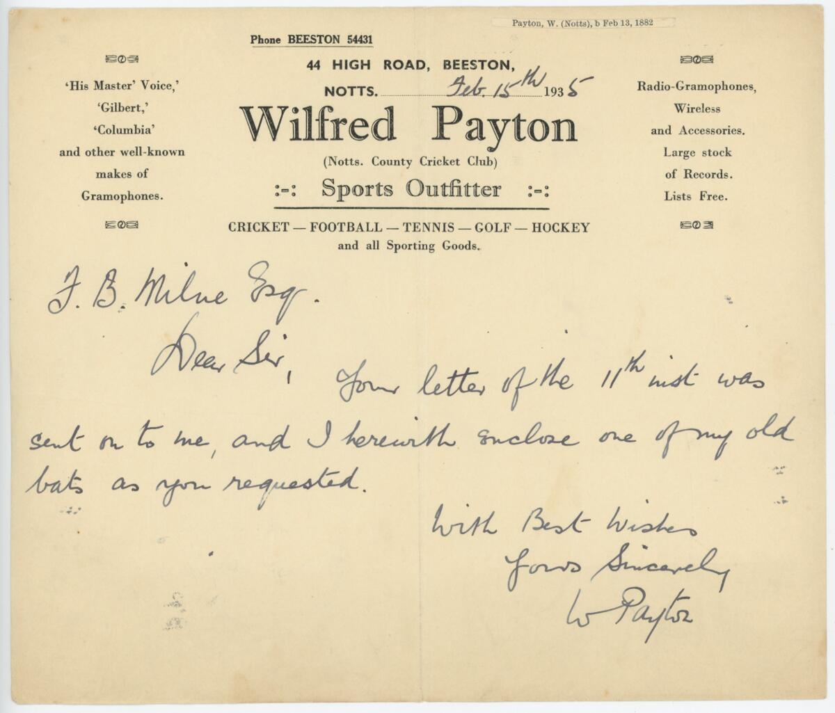 Wilfred Richard Daniel Payton. Nottinghamshire 1905-1931. Single page letter handwritten in ink on