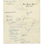 India tour to England 1946. Autograph sheet on Hop Market Hotel, Worcester letterhead fully signed