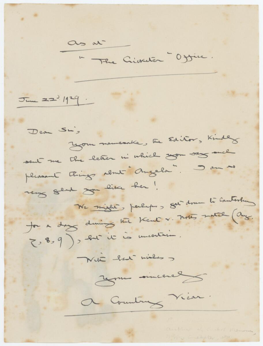 R.L. Hodgson. Journalist and author. Single page handwritten letter dated 22nd June 1929 from
