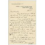 John Berry 'Jack' Hobbs. Surrey & England 1905-1934. Interesting single page letter on Surrey C.C.C.