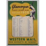 'Glamorgan County Cricket Club Fixtures 1939'. Display card with the fixtures for the 1939 season