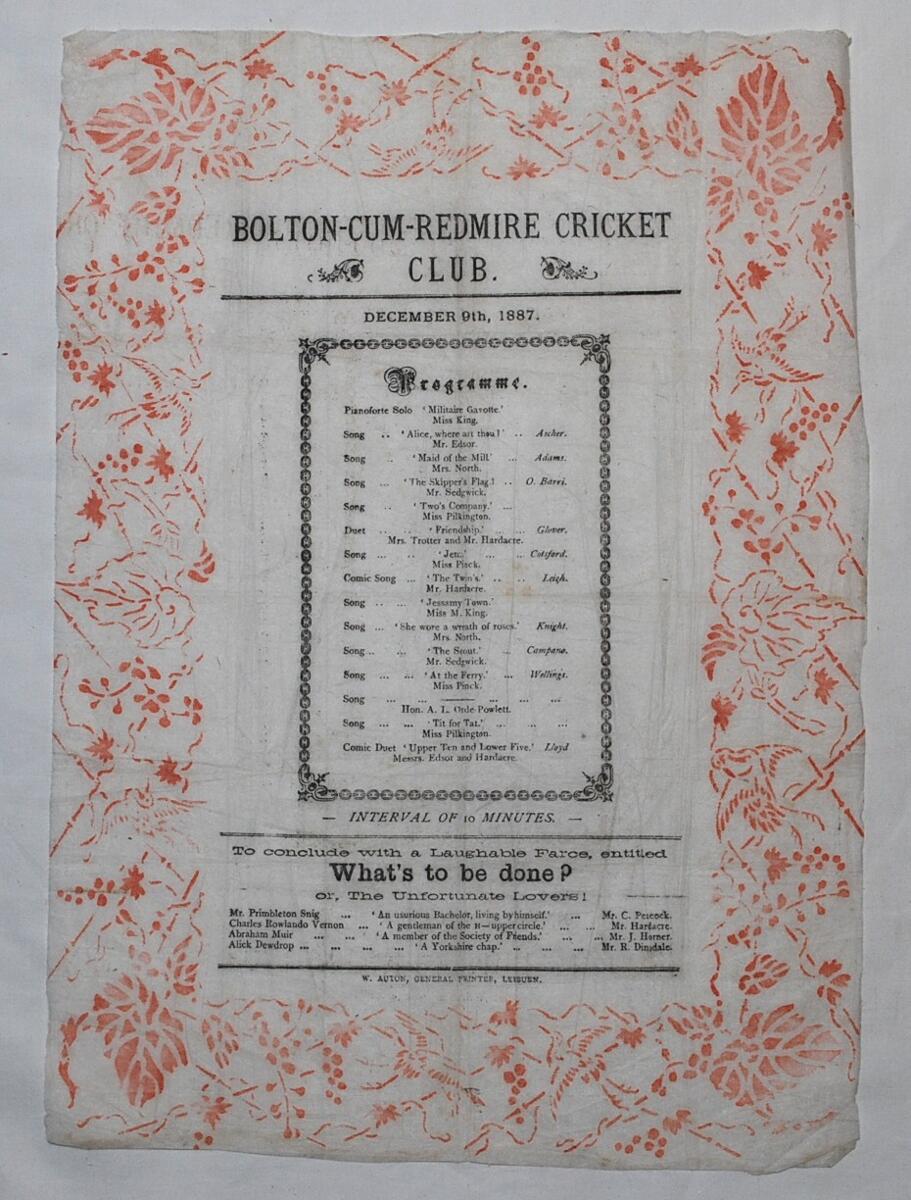 Bolton-Cum-Redmire C.C. 1887. Original programme for a theatre event of music and dramatics dated