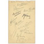 South Africa tour to England 1935. Album page signed in pencil (two in ink) by twelve members of the