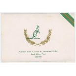 Australian tour of South Africa 1957/58. Official tour Christmas card with kangaroo image and titles