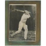 Don Bradman. Excellent original mono press photograph of Bradman in batting pose in 1934. Some press