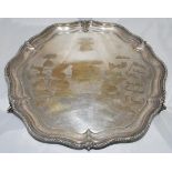 M.C.C. v All India 1936. Large silver plated circular salver with scalloped beaded edges, on ball