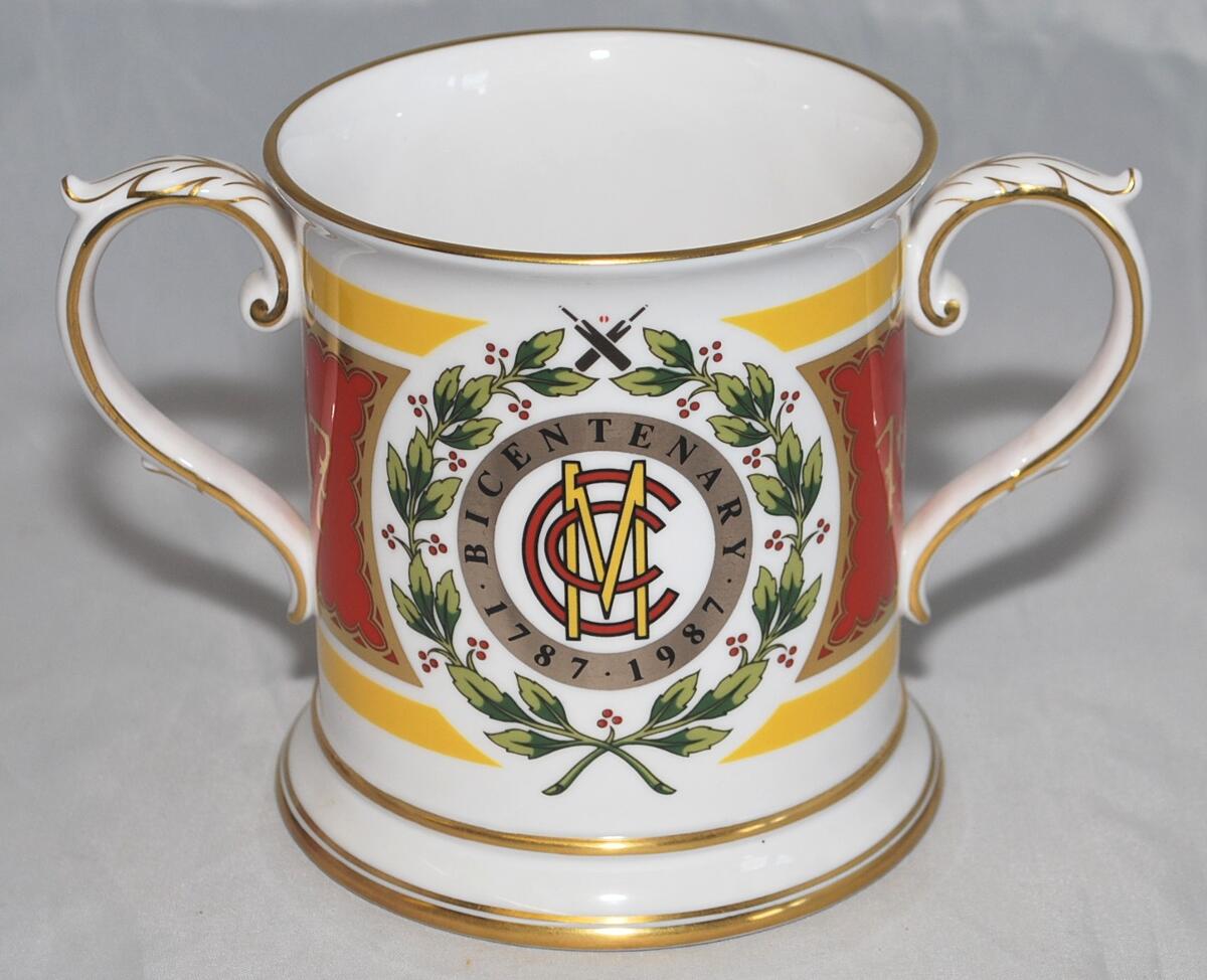 M.C.C. Bicentenary 1787-1987. Spode china two handled loving tankard with decoration and titles to