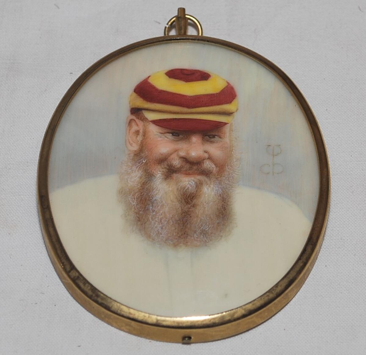 W.G. Grace. Original hand painted miniature oval cameo of Grace, head and shoulders wearing M.C.C.