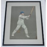 George Herbert Hirst. Yorkshire & England 1891-1929. Original colour lithograph depicting Hirst in