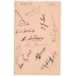 Kent C.C.C. 1933. Album page signed in ink and pencil by eleven Kent players. Signatures are Percy