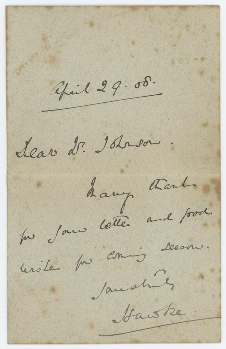 Lord Martin Bladen Hawke, Yorkshire & England 1881-1911. Short one page handwritten letter/note to