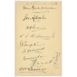 Australia tour to England 1938. Album page nicely signed in ink by ten members of the 1938 Australia